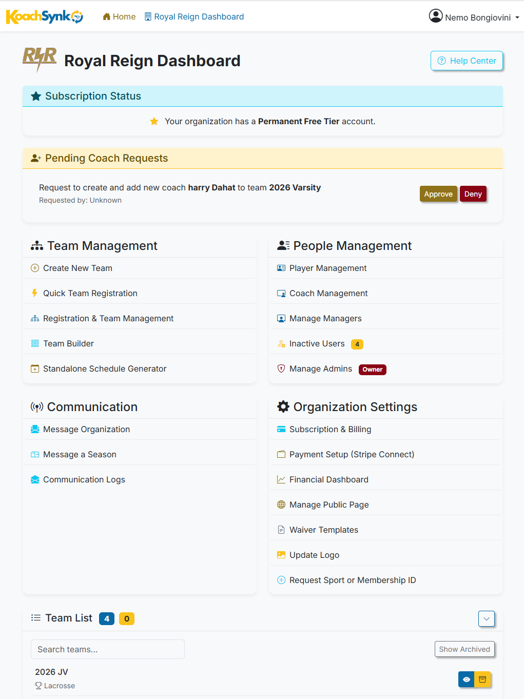 Organization dashboard on desktop